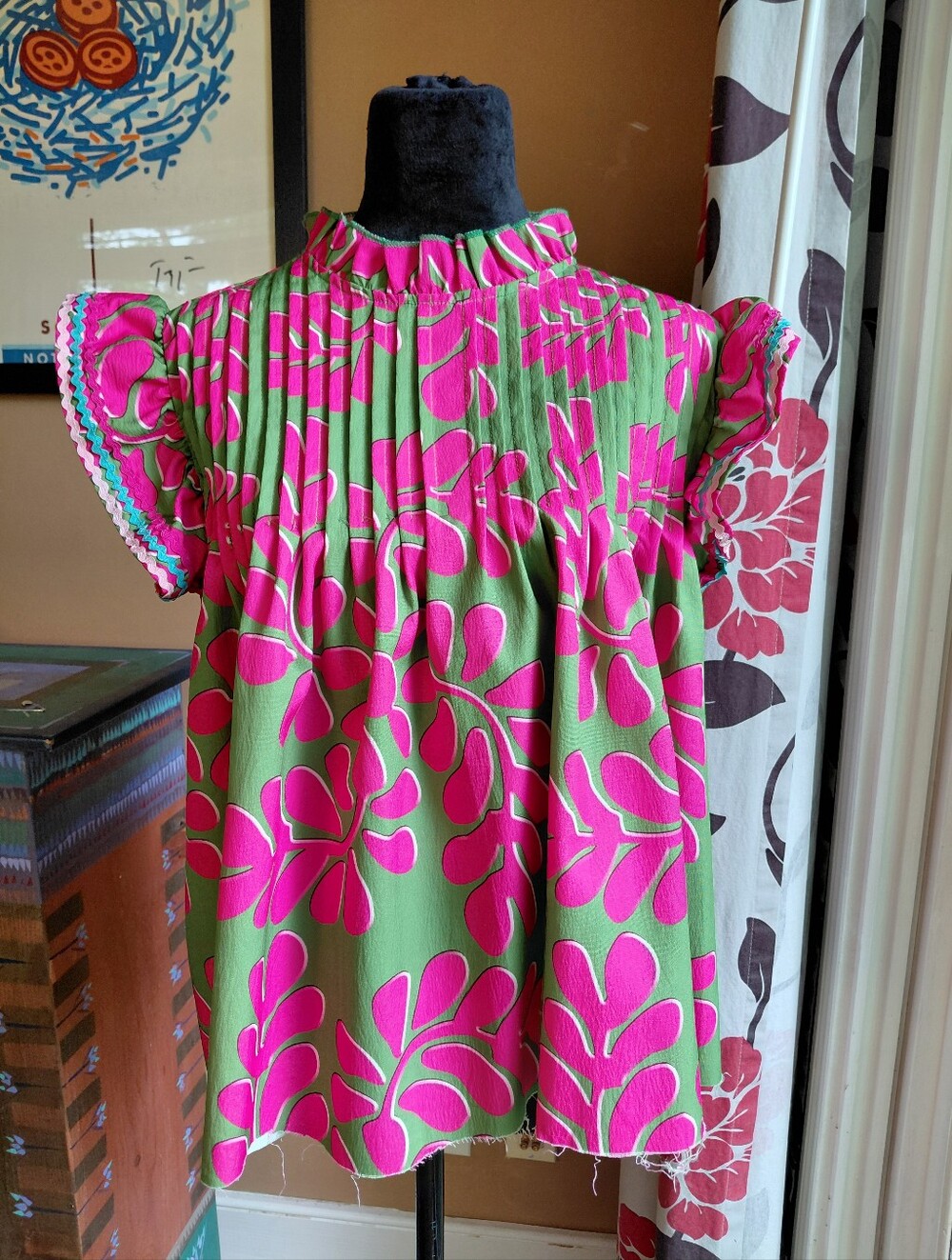 Mint Boutique (Modified) Pink & Green Floral Pleated Ruffle Neck Blouse